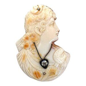 14k Gold Antique Cameo Brooch Pendant Carved Shell Diamond Accent Necklace Vtg